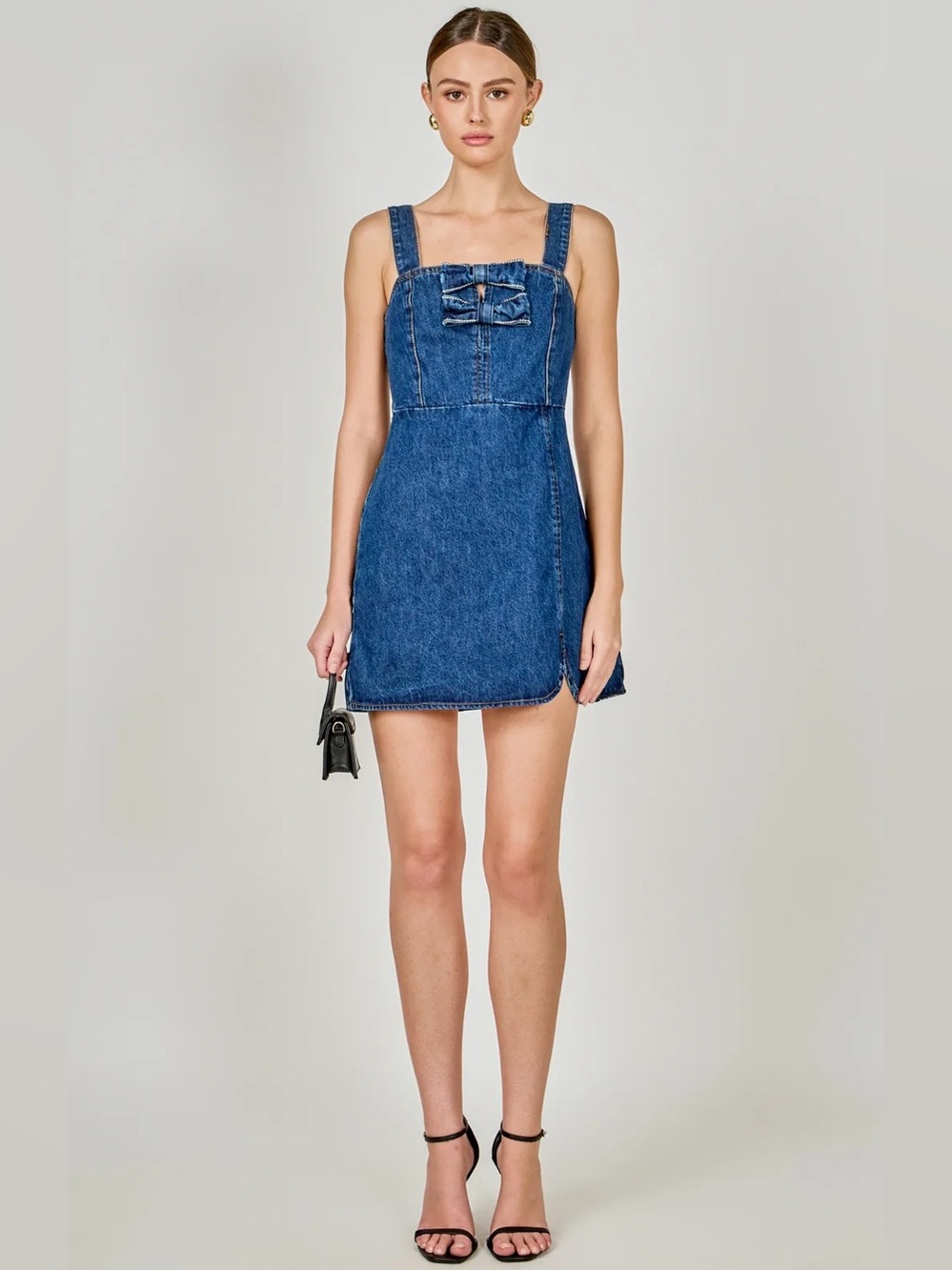 Endless Rose BOW TRIM DENIM MINI DRESS in Blue